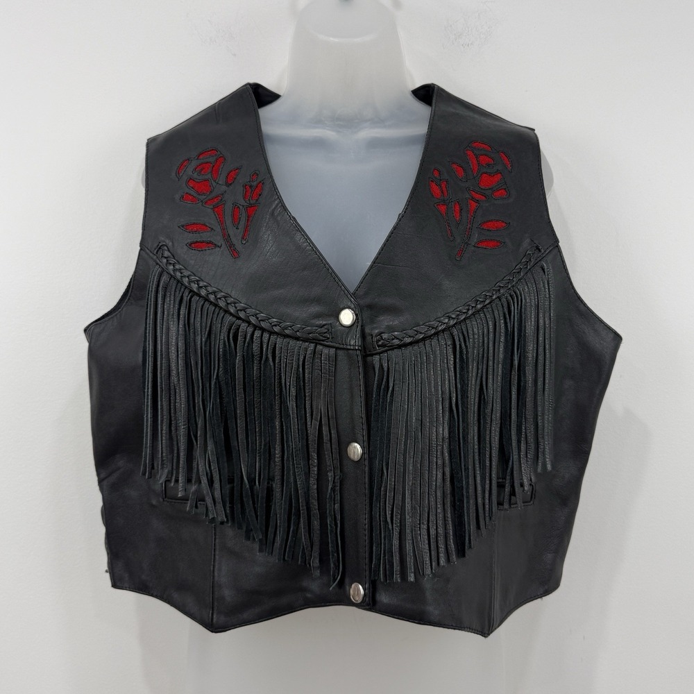 VTG Y2K UNIK Leather Vest Womens XXL NWT Fringe Rose Western Motorcycle Biker